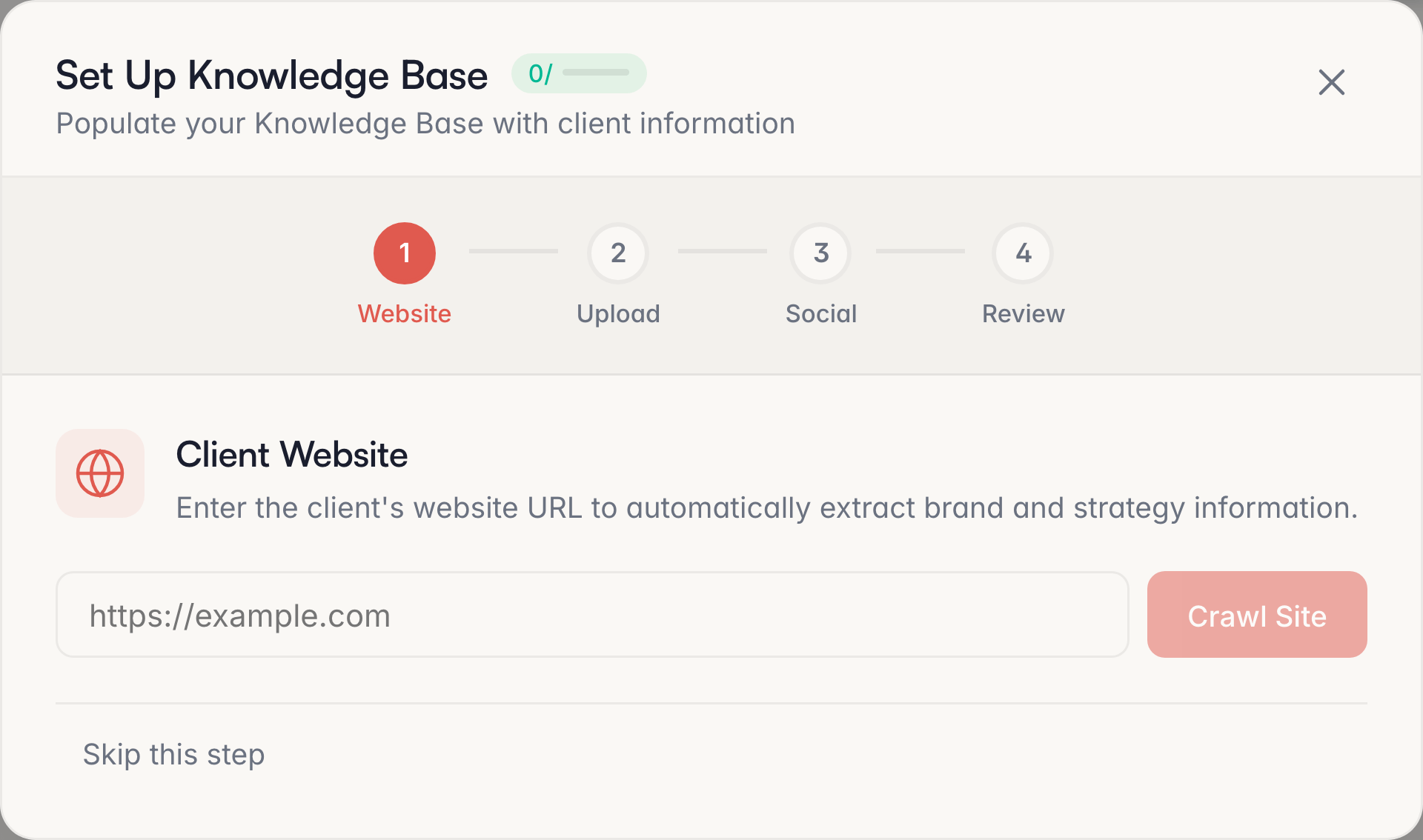 The set-up wizard: four steps — website, upload, social, review — with a field for the client's website address