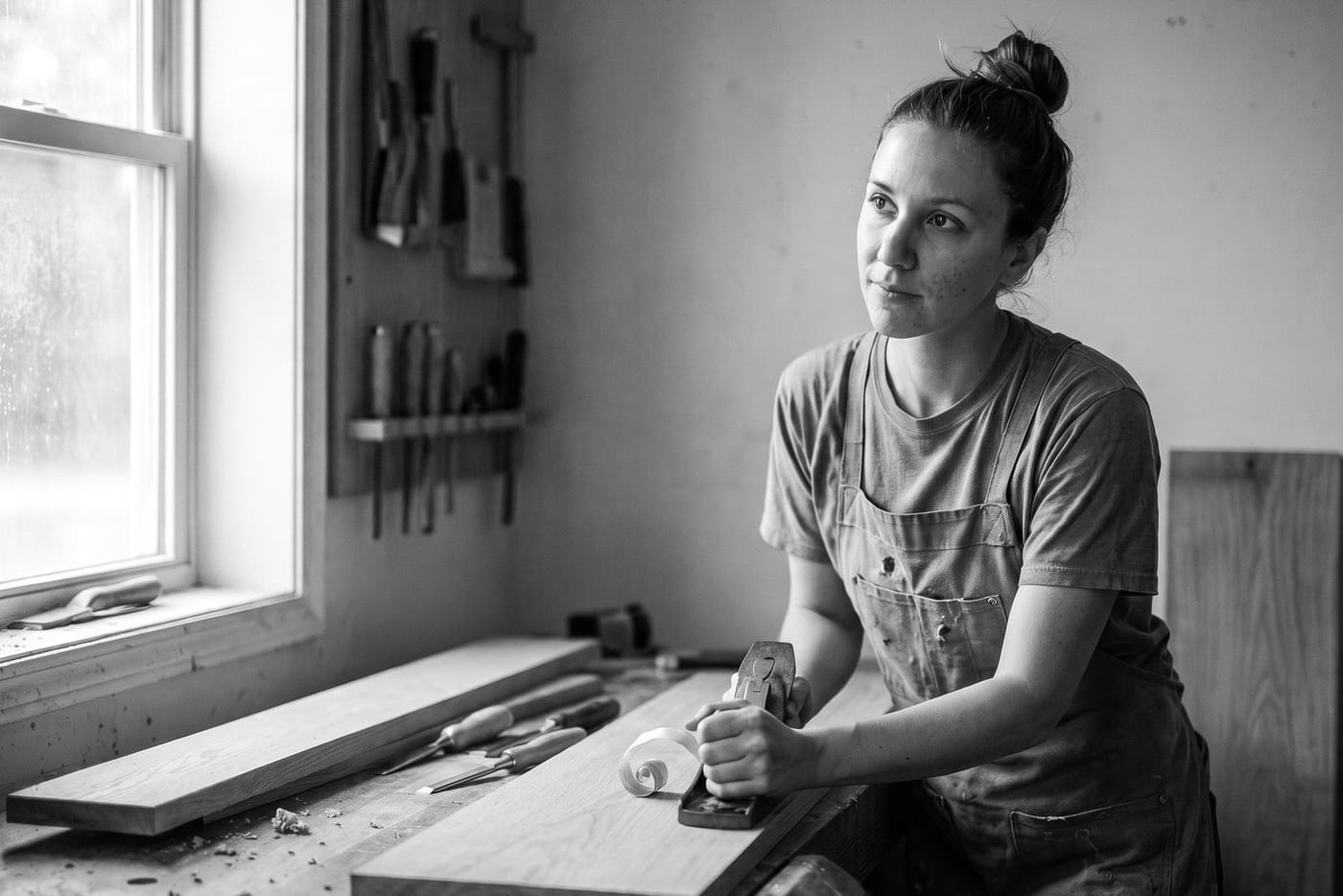 Nell in her joinery workshop, planing oak, in black and white